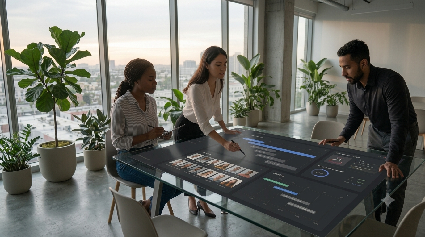 Team collaborating around a digital customer journey and analytics workspace